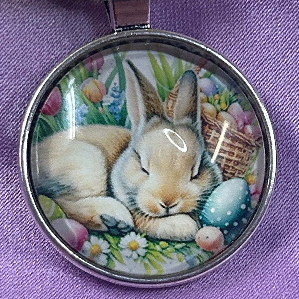 Sleeping Bunny 1 inch Pendant Charm - Purple Background